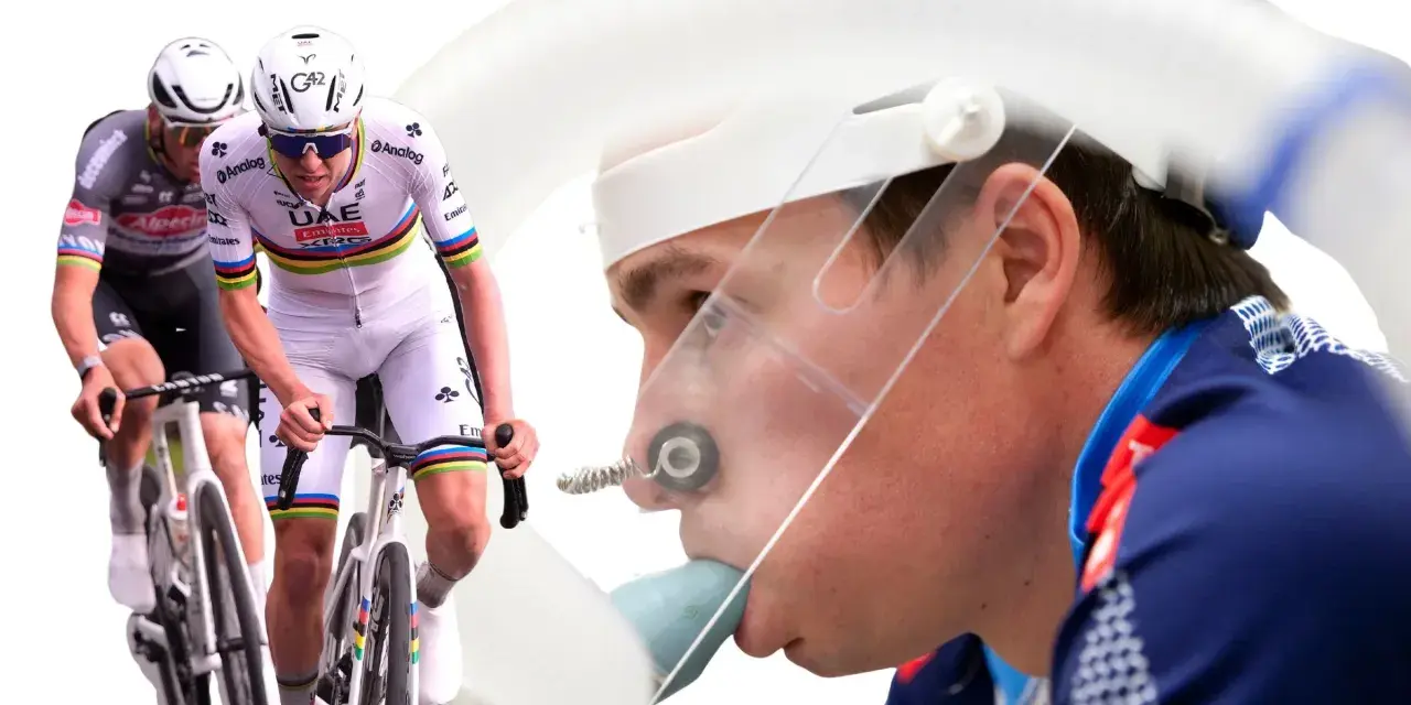 Cyclists training to improve their cycling VO2 max, with one wearing a mask for testing.