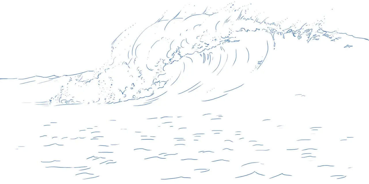 Esquisse minimaliste pour apprendre comment dessiner des vagues. Une grande vague déferlante se dessine en bleu sur fond blanc, avec de petites vagues à l'horizon.