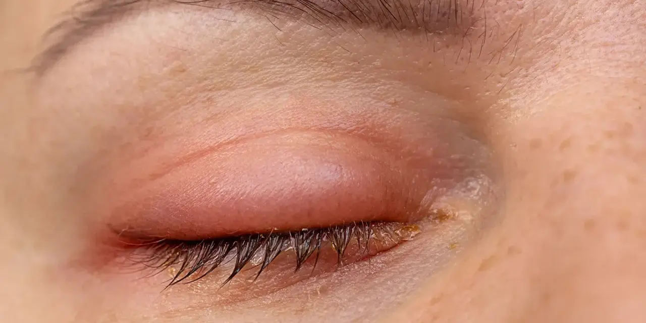Ojo hinchado al despertar, con enrojecimiento e irritación en el párpado.