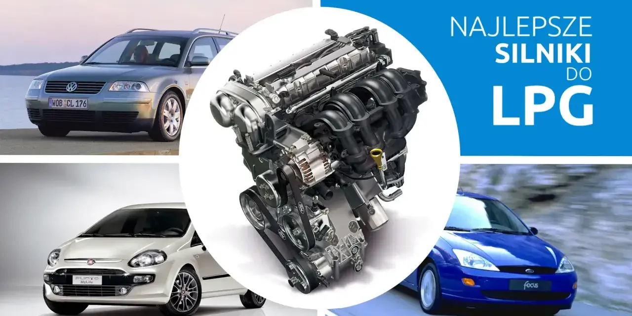 Najlepsze silniki do LPG: Volkswagen Passat, Fiat Punto, Ford Focus i szczegółowy widok jednostki napędowej.