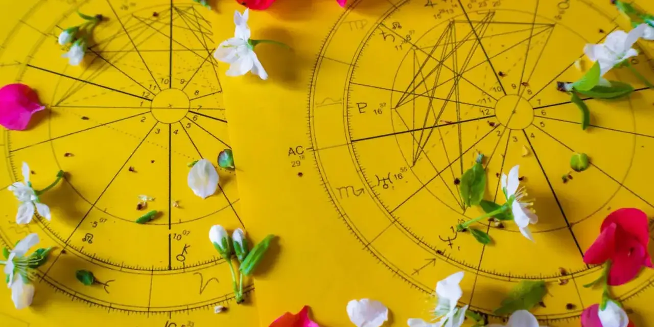 Dwa koła horoskopowe na żółtym tle, ozdobione płatkami kwiatów. 21 czerwiec znak zodiaku.