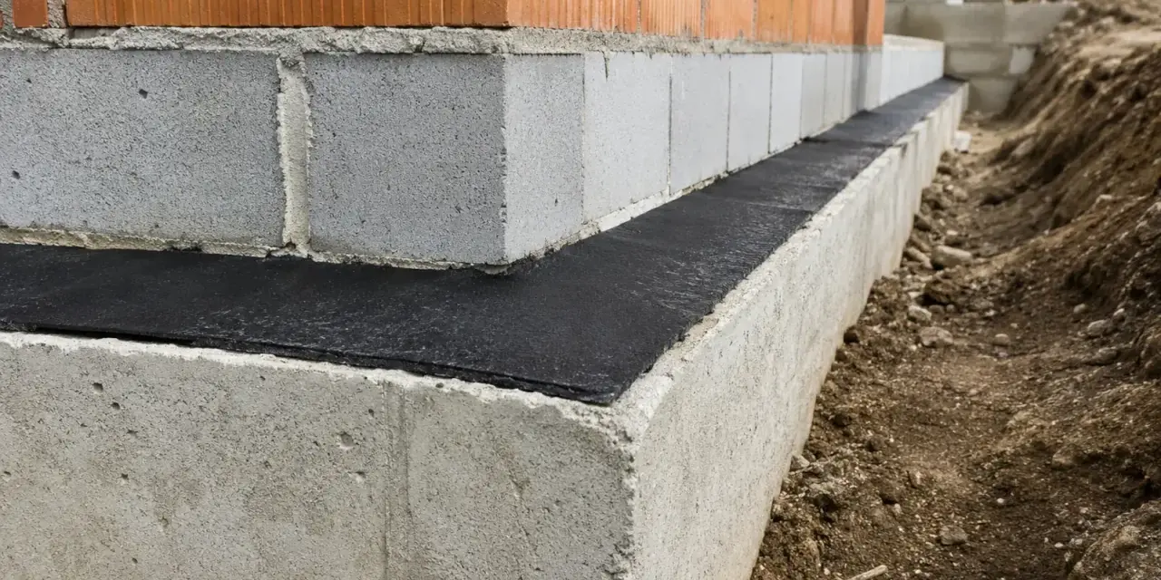 Budowa domu: widoczna izolacja pozioma fundamentów, beton, pustaki i cegła.