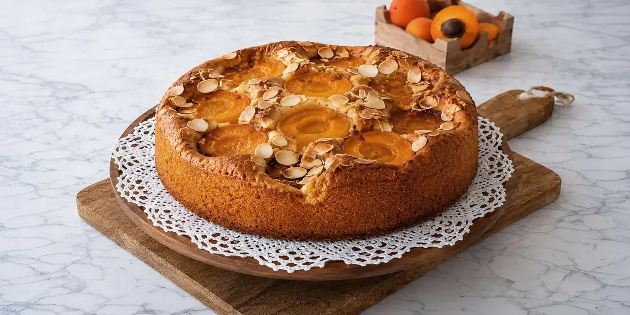 Un délicieux gâteau aux abricots, garni d'amandes effilées, est présenté sur une planche en bois.