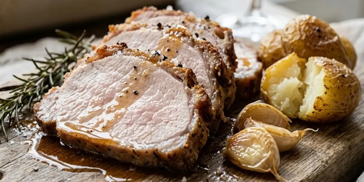 Arista di maiale succulenta, affettata e servita con patate arrosto, aglio e rosmarino su un tagliere di legno.