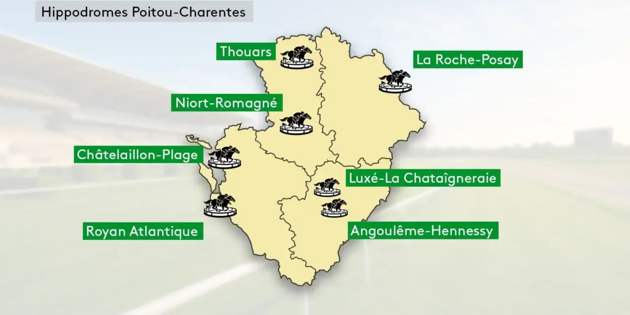 Carte des hippodromes en Poitou-Charentes : Thouars, Niort, La Roche-Posay, Châtelaillon, Luxé, Royan, Angoulême. Combien d'hippodrome en France ?