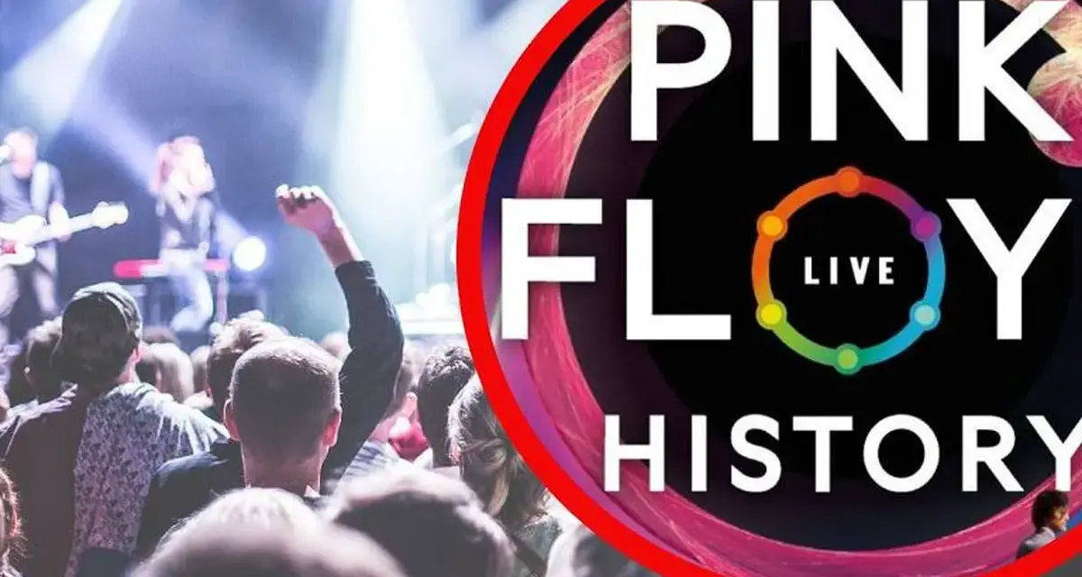 Koncertowa atmosfera, tłum na koncercie, logo "Pink Floyd Live History". Marzenie o Pink Floyd w Polsce staje się rzeczywistością.