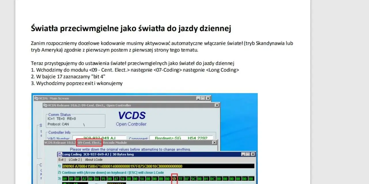 Ekran programu VCDS z instrukcją kodowania świateł przeciwmgielnych jako dziennych.