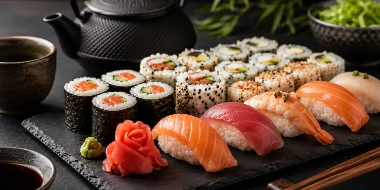 Piękna taca z sushi: rolki z łososiem, tuńczykiem, krewetką, nigiri i dodatkami. Obok czajniczek i miseczka z sosem. Idealna zaprawa do sushi.