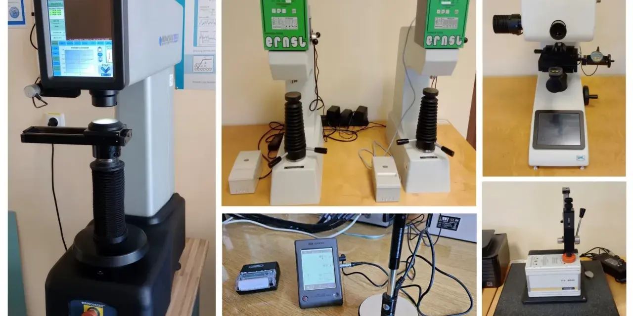Różne urządzenia do pomiaru jednostki twardości, w tym twardościomierze i akcesoria laboratoryjne.