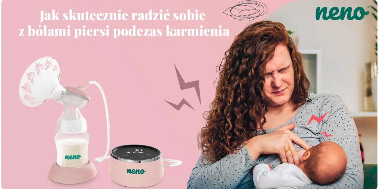 Kobieta z bólem piersi podczas karmienia piersią. Obok laktator Neno, który może pomóc złagodzić dyskomfort.