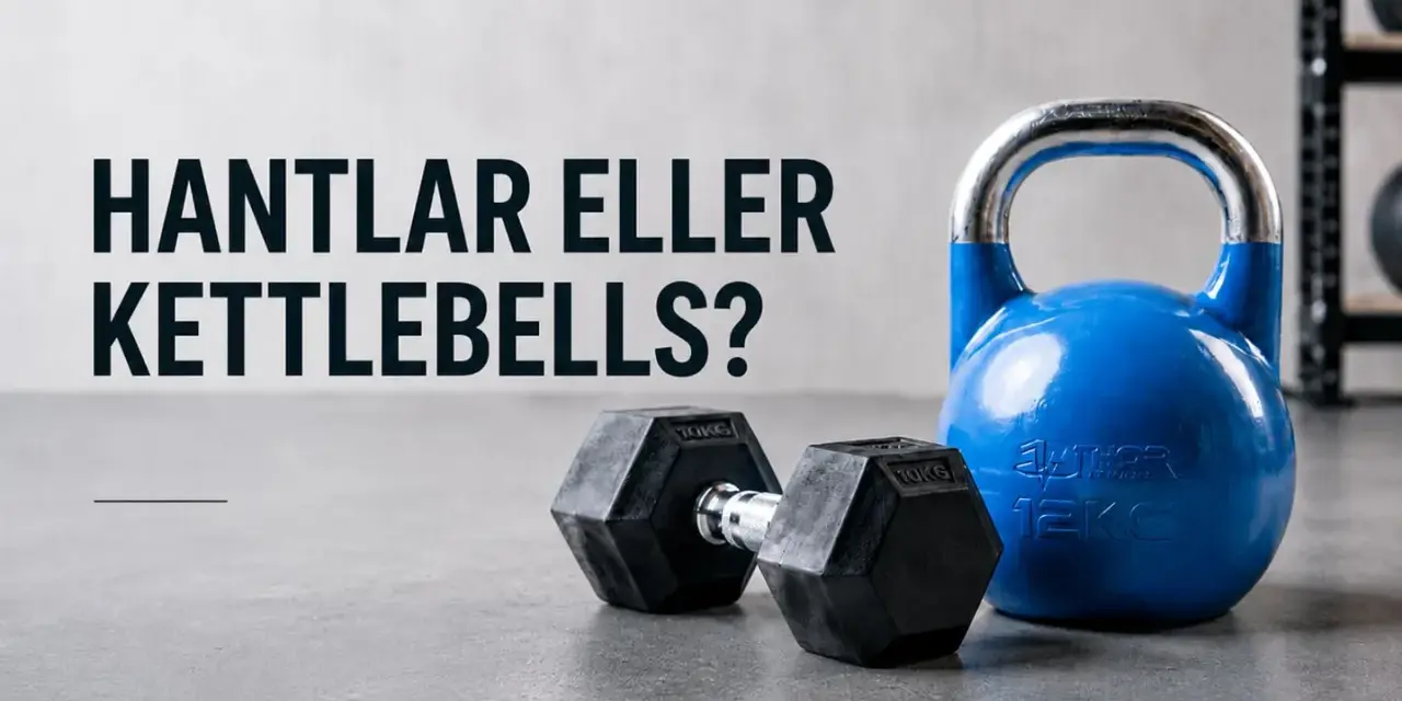 En blå kettlebell och en svart hantel ligger på ett betonggolv. Texten "Hantlar eller Kettlebells?" syns i bakgrunden. Ett kettlebell program kan använda båda.