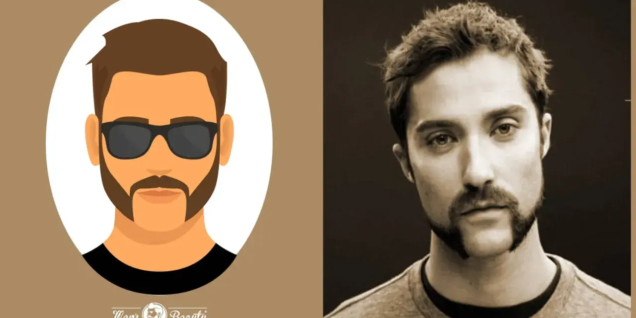Ilustración y foto de hombre con corte de patillas y barba de chivo.