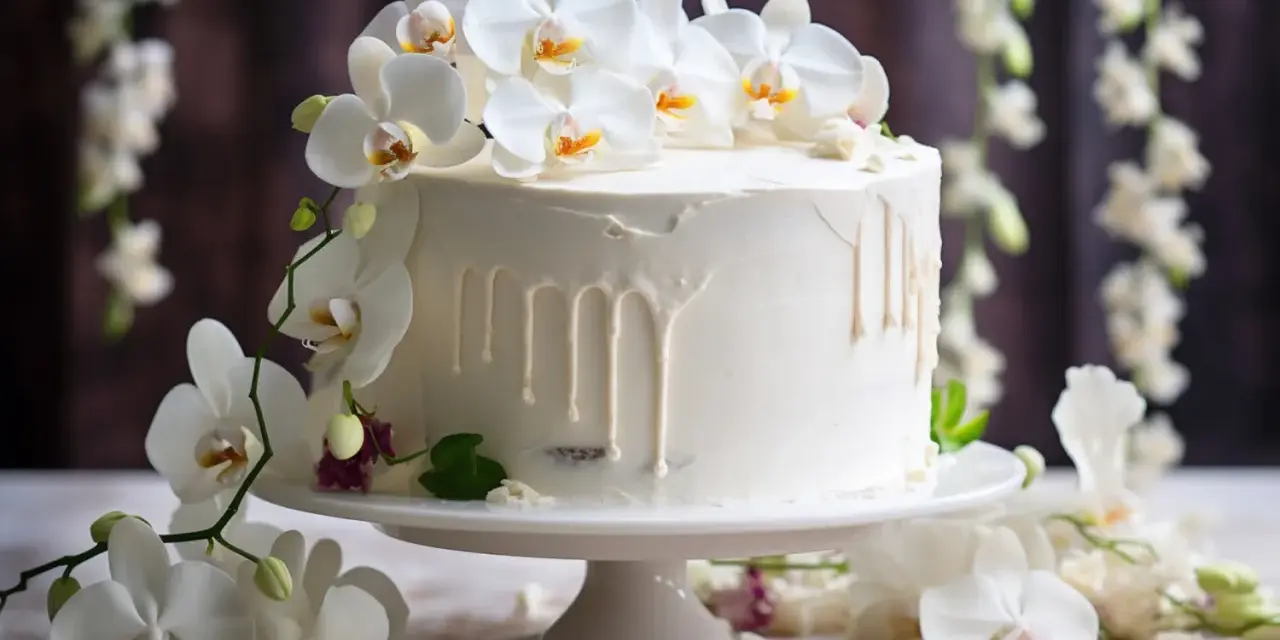 Elegancki tort komunijny boho ozdobiony białymi orchideami i kremowym lukrem z efektem spływania.