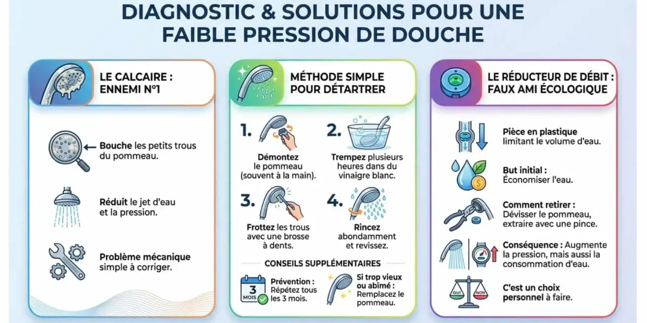 Diagnostic et solutions pour une faible pression de douche : le calcaire bouche les trous du pommeau. Pour déboucher douche, démontez, trempez dans vinaigre, frottez et rincez.