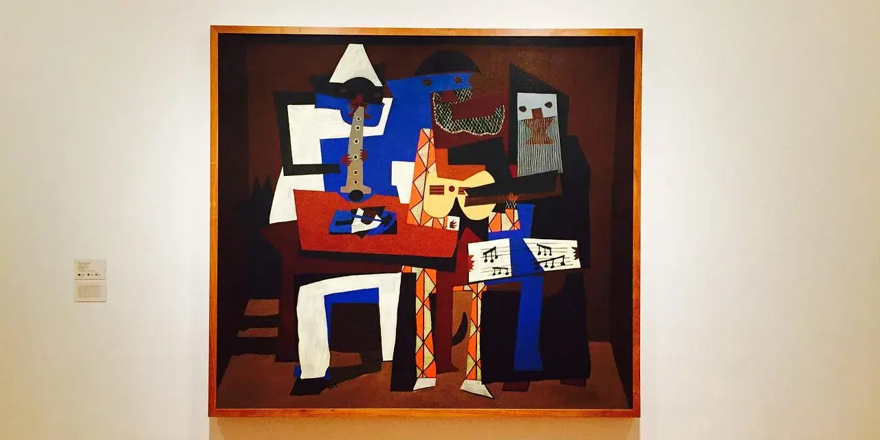 En målning i Picasso stil föreställer musiker med instrument.