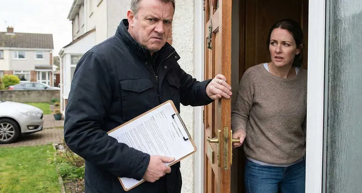 Mężczyzna z teczką stoi przy drzwiach, a kobieta otwiera je z niepokojem. Czy to początek historii o tym, jak pozbyć się windykatora terenowego?