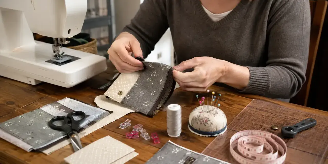Tuto enveloppe rectangulaire : mains cousant un portefeuille en tissu, avec machine à coudre, ciseaux, épingles et ruban à mesurer.