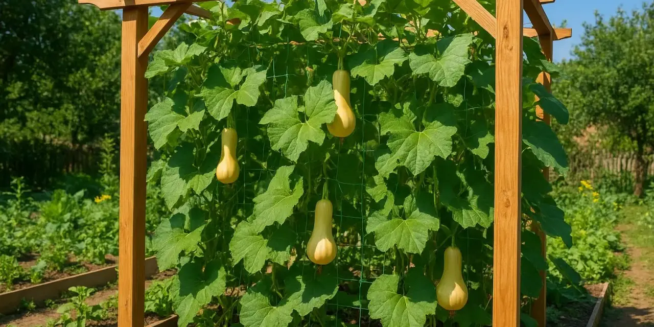 Zucchine trombetta pendono da una rete sotto una pergola in legno, pronte per essere raccolte.