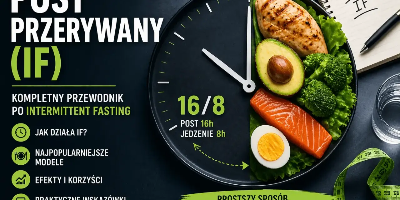 Talerz w kształcie zegara z jedzeniem symbolizuje dietę imitującą post (IF) 16/8. Obok notatnik z napisem "PLAN IF".
