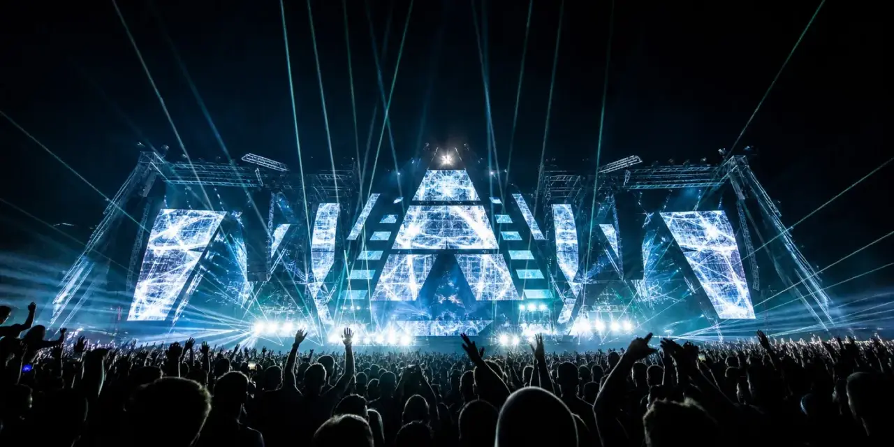 Eine riesige Menge jubelt bei einem EDM-Konzert. Die Bühne ist mit geometrischen Mustern und blauen Lichtern beleuchtet, was die Bedeutung von EDM-Musik für die Fans unterstreicht.