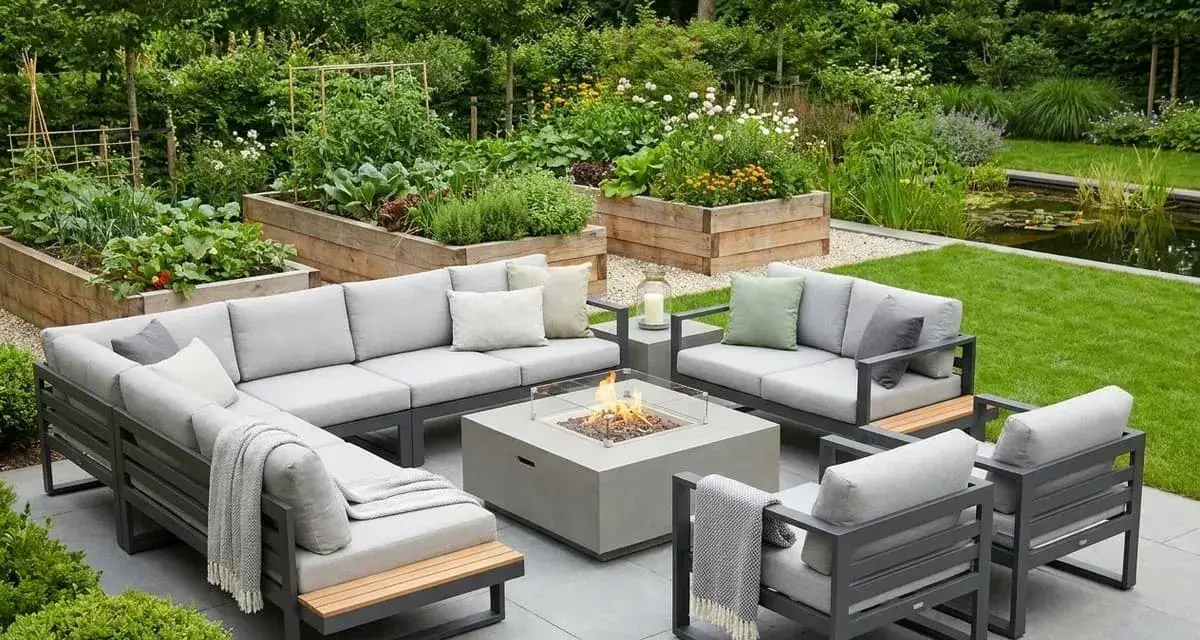 Moderne lounge ecke garten ideen: graue Sitzgruppe mit Feuerstelle, umgeben von Hochbeeten und Teich.