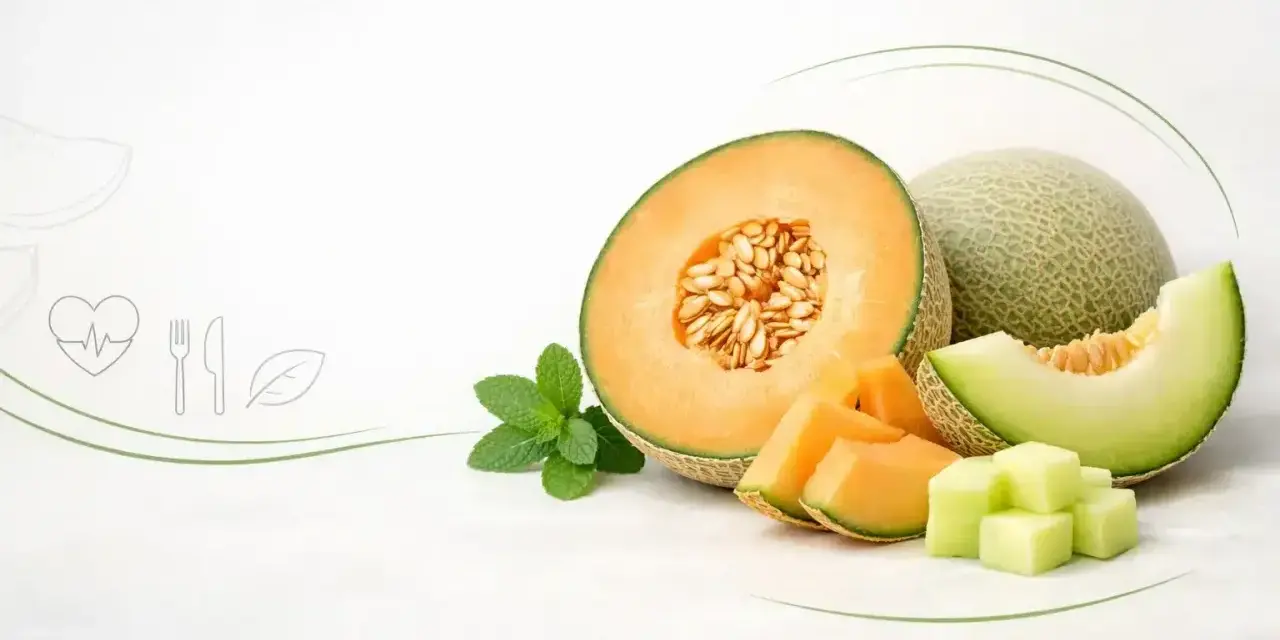 Melon właściwości: soczysty melon kantalupa, pokrojony w plastry i kostki, z listkami mięty. Obok cały melon i plaster zielonego melona.
