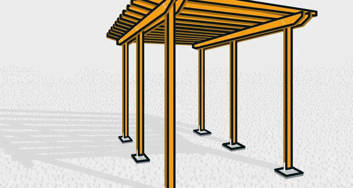 Enkel pergola ritning i gult och svart, med skuggor som faller på en gräsmatta.