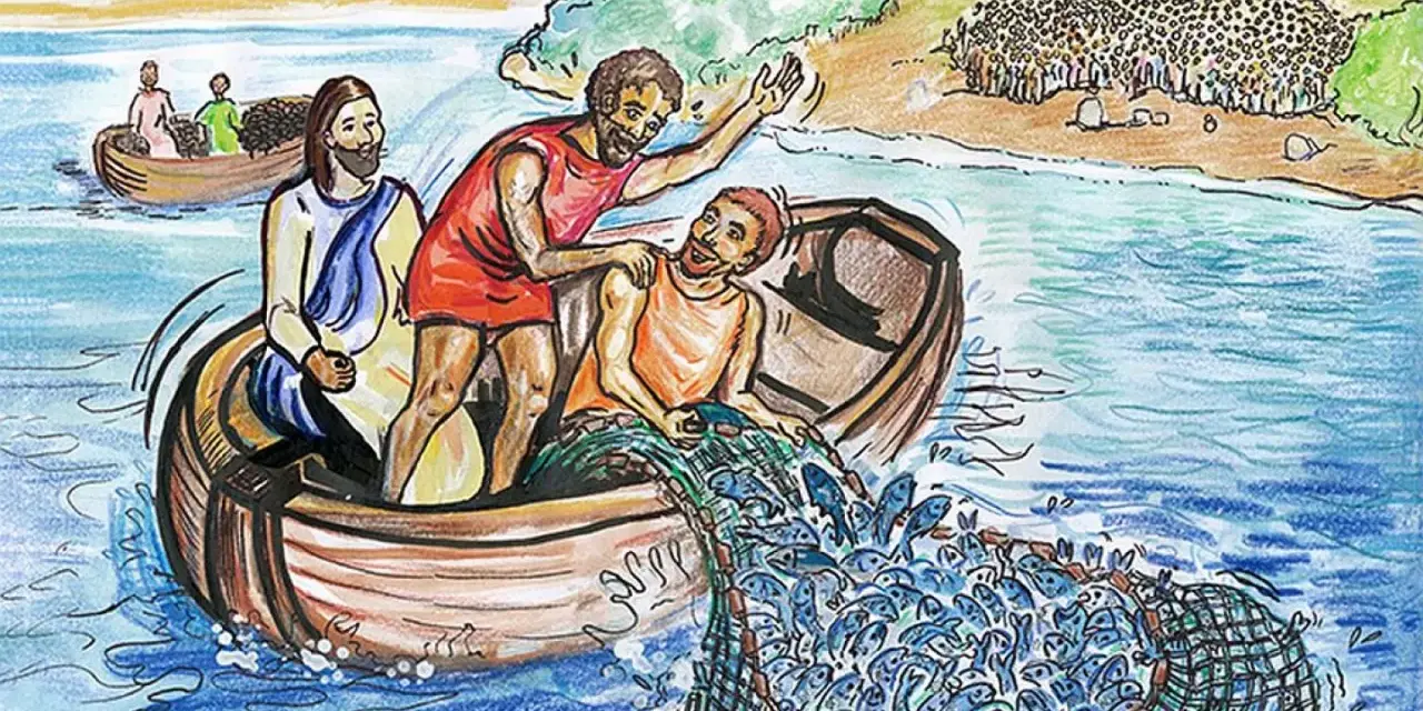 Johannes 21: Fischer mit Jesus im Boot ziehen ein riesiges Netz voller Fische aus dem Wasser. Am Ufer wartet eine Menschenmenge.