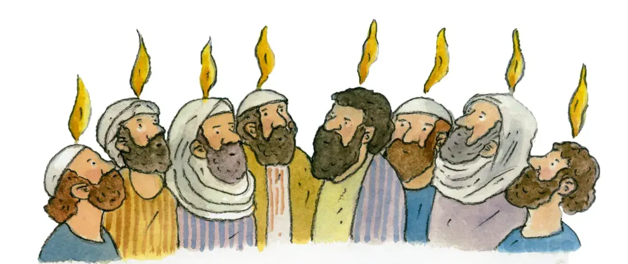 Aquarellzeichnung von Männern mit Bärten und Flammen über ihren Köpfen, die an Pfingsten in der Bibel erinnert.