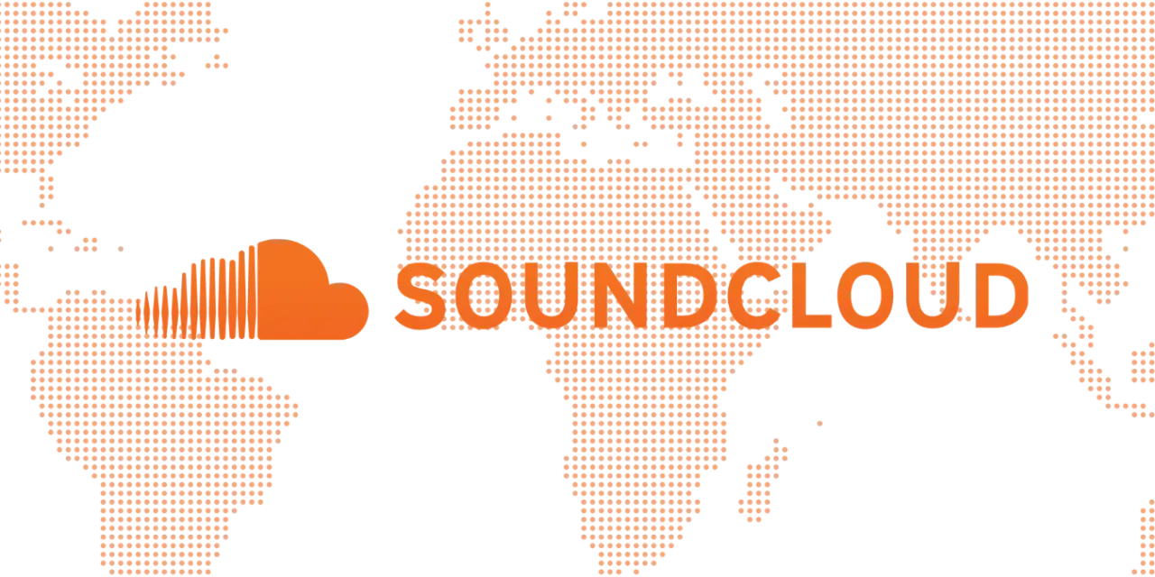Weltkarte aus orangefarbenen Punkten mit dem SoundCloud-Logo und dem Schriftzug. Die globale Reichweite von SoundCloud-Statistiken wird hervorgehoben.