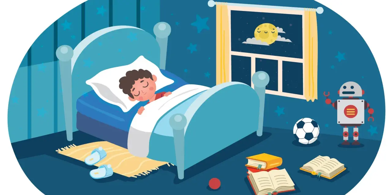 A boy sleeps peacefully in bed, dreaming of a robot, soccer ball, and books. A sweet prayer for tonight.