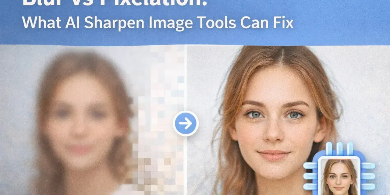Jämförelse av suddig och pixlad bild av en kvinna, där AI-verktyg förbättrar pixlar till en skarpare bild.