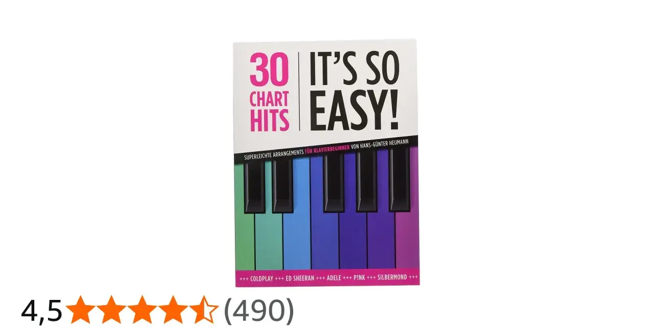 Notenbuch "30 Chart Hits Easy!" mit Klaviertasten-Design. Ideal, um zu lernen, wie man Lieder schreibt und spielt.