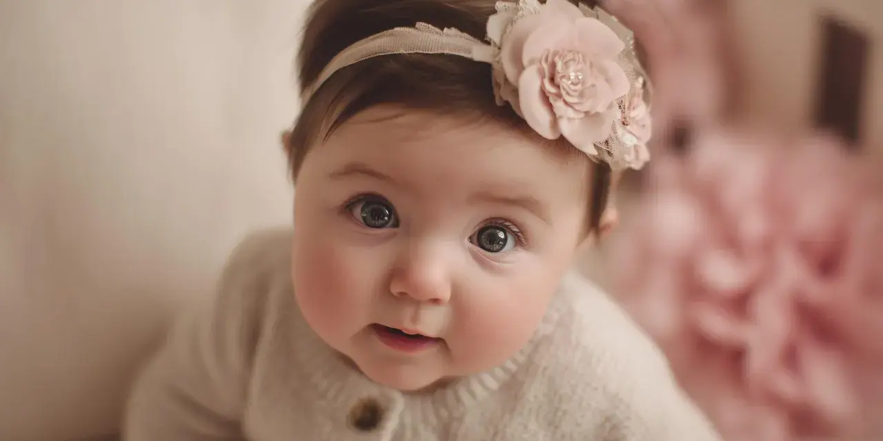 Bebé con diadema floral, sus ojos reflejan la ternura de nombres que significan amor.