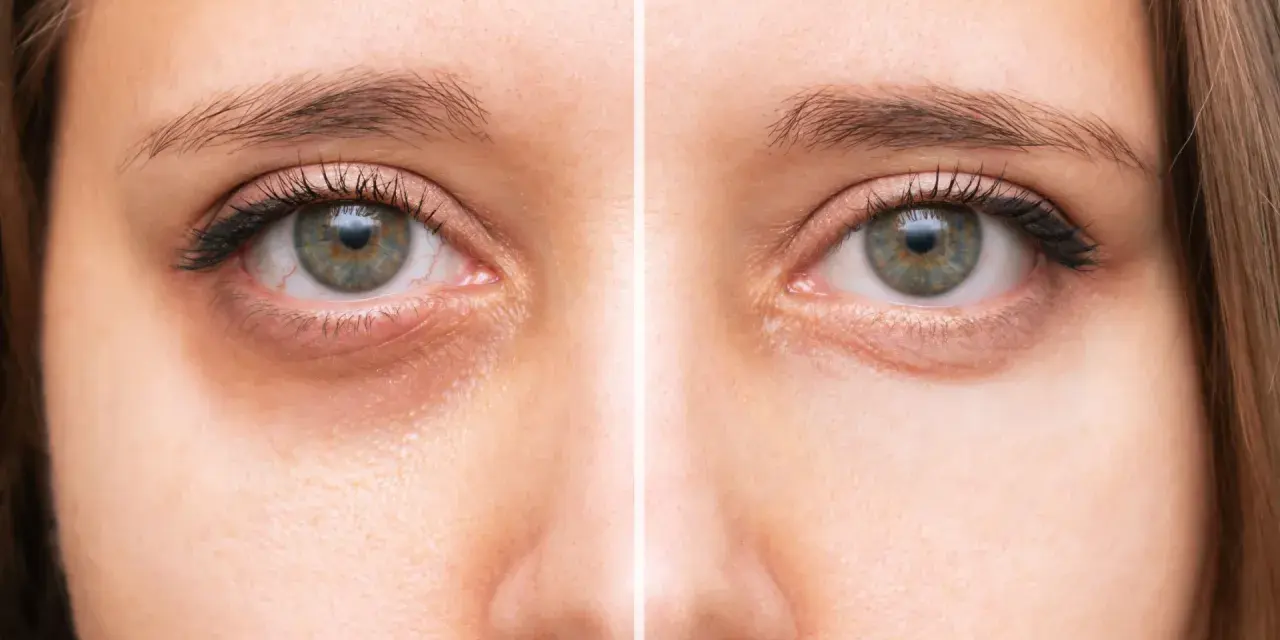 Avant/après : correction des cernes grâce à la colorimétrie et au maquillage.