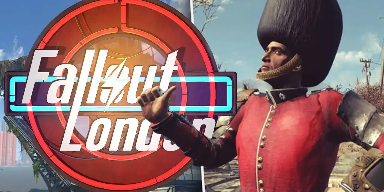 Un soldado con uniforme de guardia real británico, con un sombrero alto y un traje rojo, posa frente al logo de Fallout London.