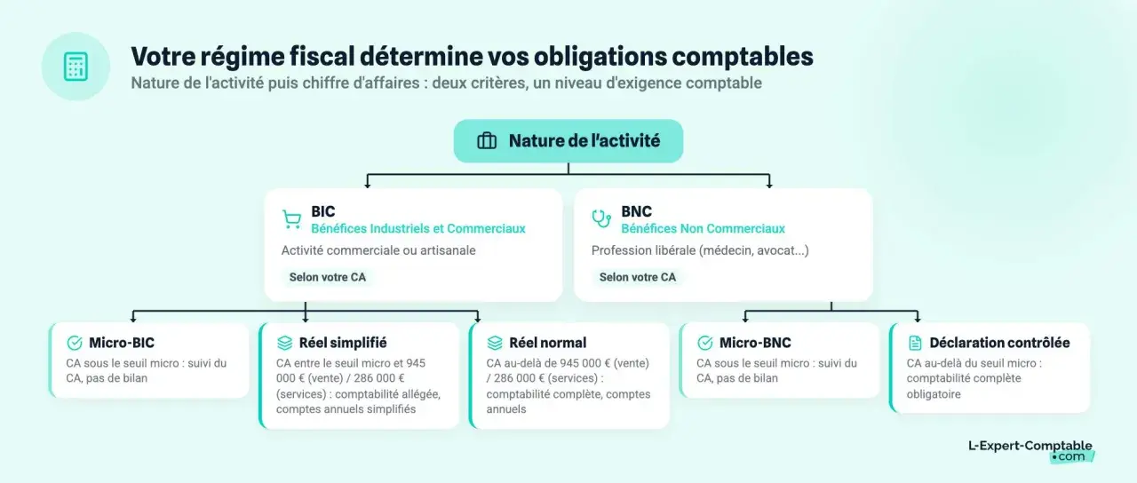 Schéma expliquant les régimes fiscaux selon la nature d'activité (BIC, BNC) et le seuil micro pour un avocat.