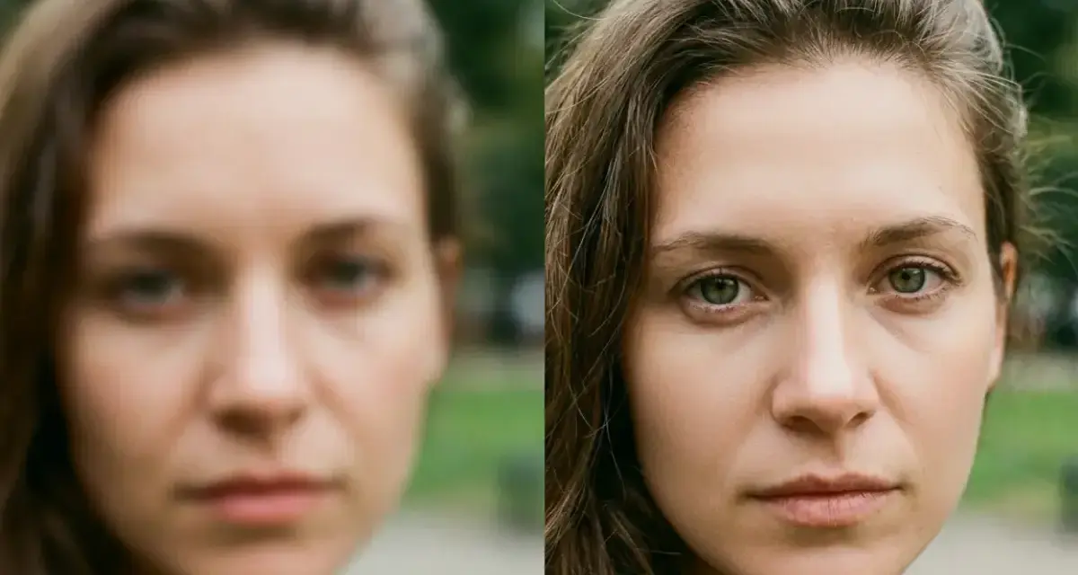 Comparaison avant/après : une photo floue d'une femme devient nette, révélant ses yeux verts et la texture de sa peau.