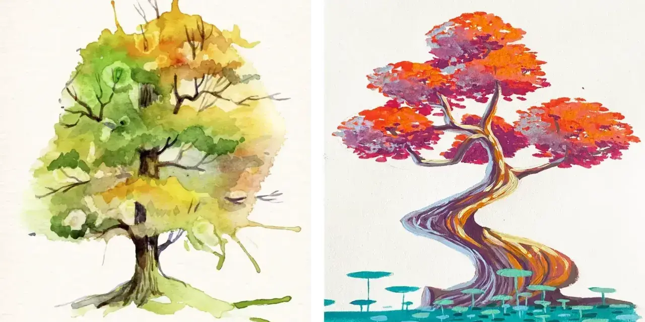 Deux arbres stylisés peints à l'acrylique matière. L'un est vert et jaune, l'autre rouge et violet, sur un fond blanc.