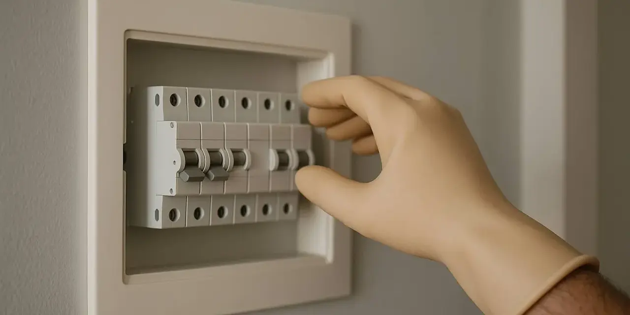 Mano con guante manipulando un magnetotérmico en un cuadro eléctrico.
