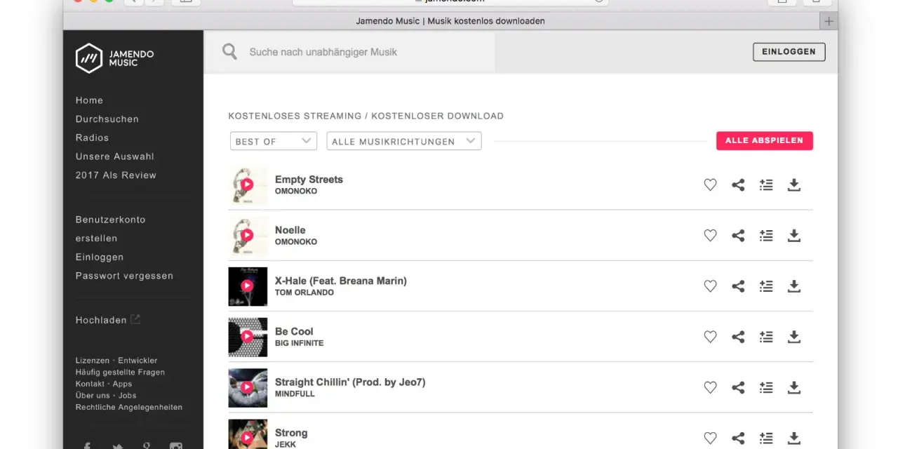 Jamendo Music zeigt eine Liste mit kostenlosen Downloads an, bereit für deinen nächsten playlist upload.