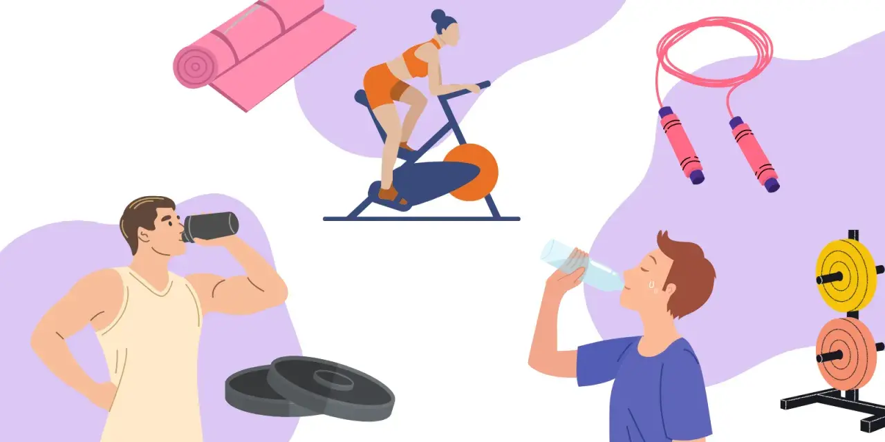 Fitness-Szene mit Radfahrer, Springseil, Gewichten und Männern, die trinken. Ein Proteinshake vor oder nach dem Training ist ideal.