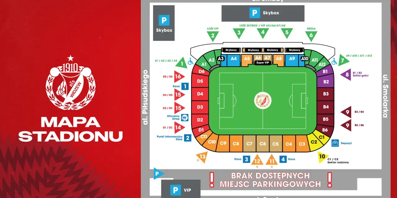 Mapa stadionu Widzew Łódź. Widok z lotu ptaka na boisko, trybuny z sektorami A, B, C, D, punkty informacyjne, kasy, depozyt i parkingi.