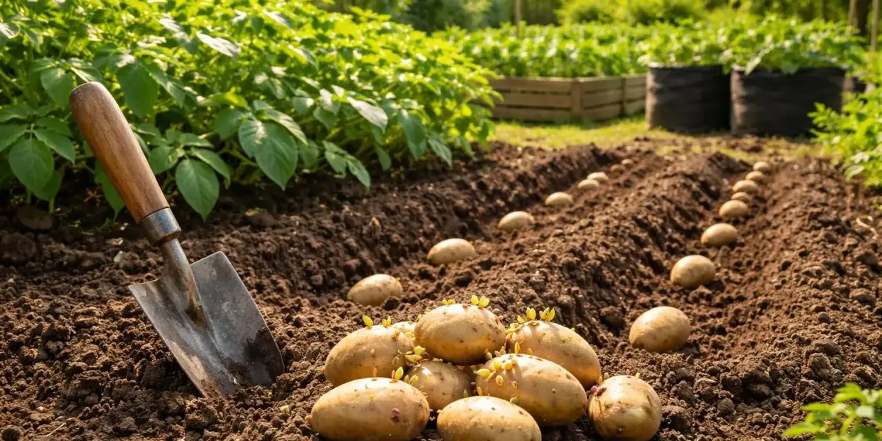 Spaten liegt neben gekeimten Kartoffeln, bereit, um Kartoffeln anzubauen. Reihen von Kartoffeln sind im Boden ausgelegt.