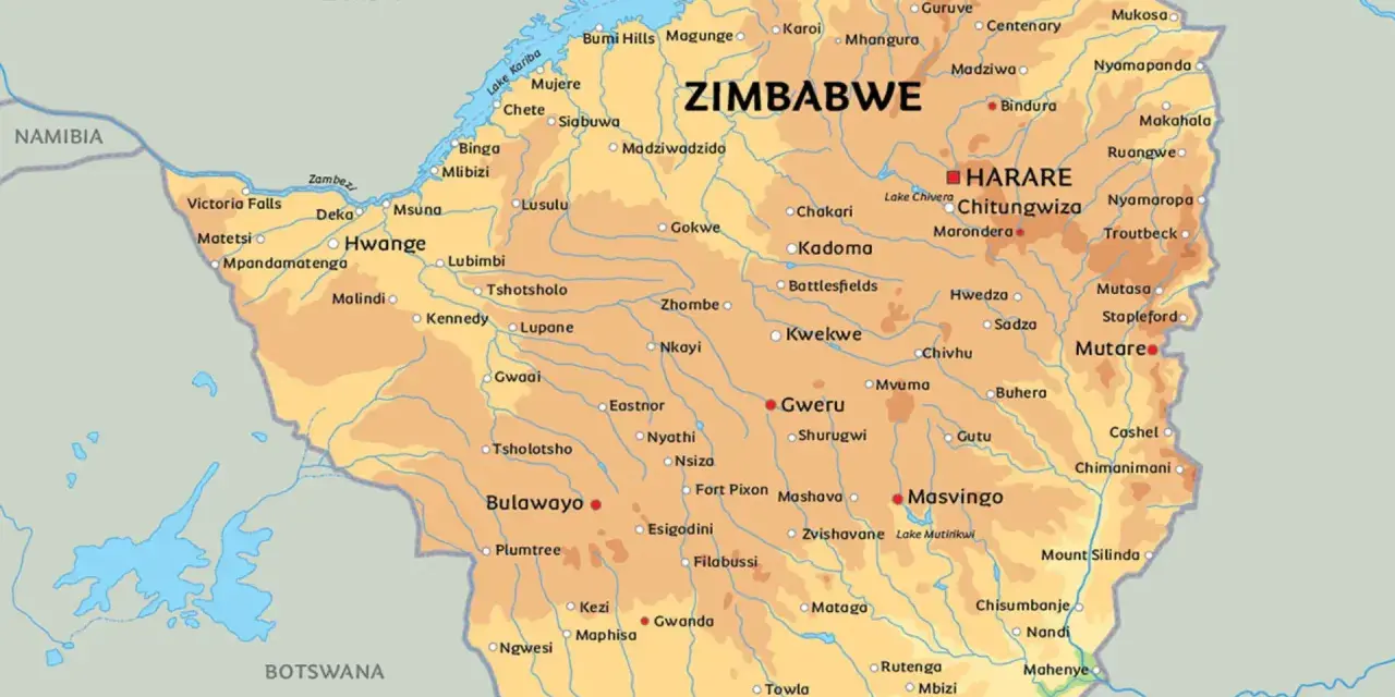 Mapa Zimbabwe z zaznaczonymi miastami, rzekami i jeziorami. Język polski.