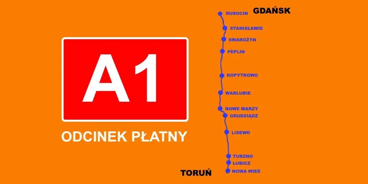 Mapa płatnego odcinka autostrady A1 Toruń - Gdańsk z zaznaczonymi miejscowościami.