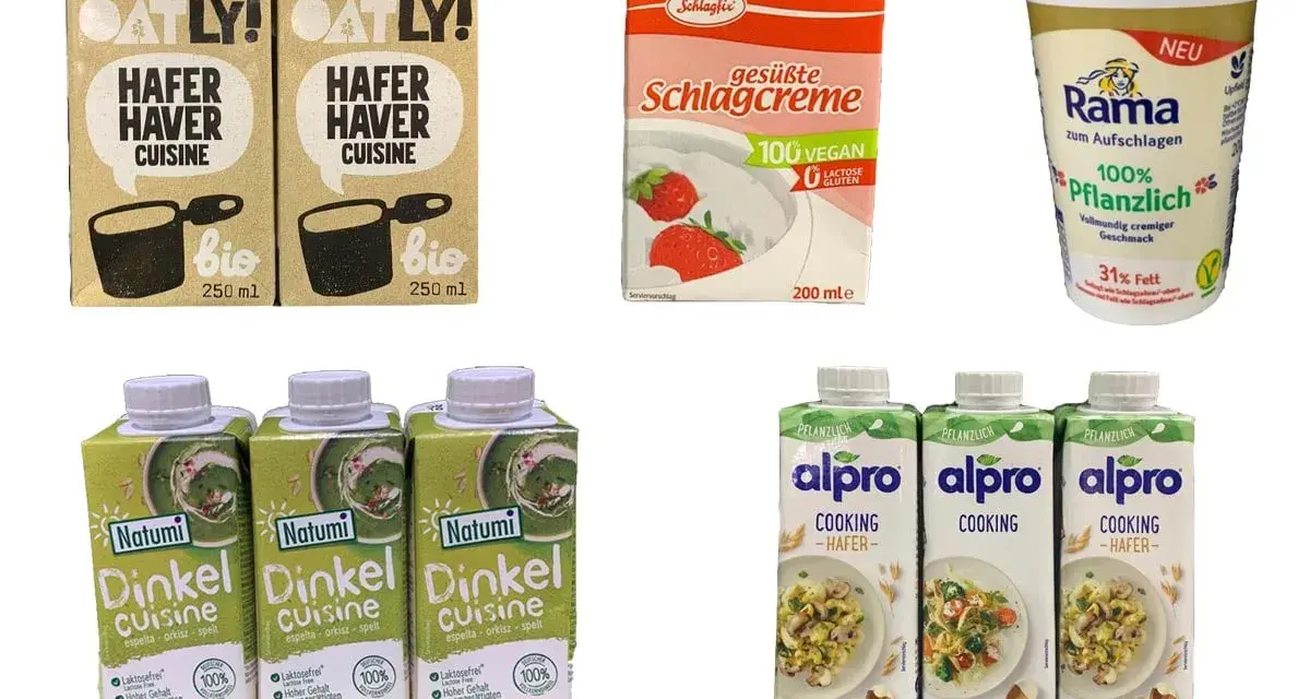 Verschiedene pflanzliche Sahne-Alternativen zum Kochen und Aufschlagen: Oatly Hafer Cuisine, Schlagfix, Rama und Alpro Hafer.