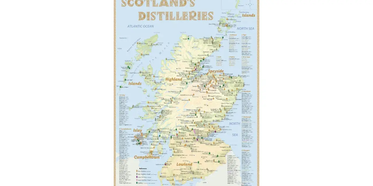 Karte der Whisky Regionen Schottlands mit Destillerien. Entdecke die Vielfalt der schottischen Whisky Regionen.