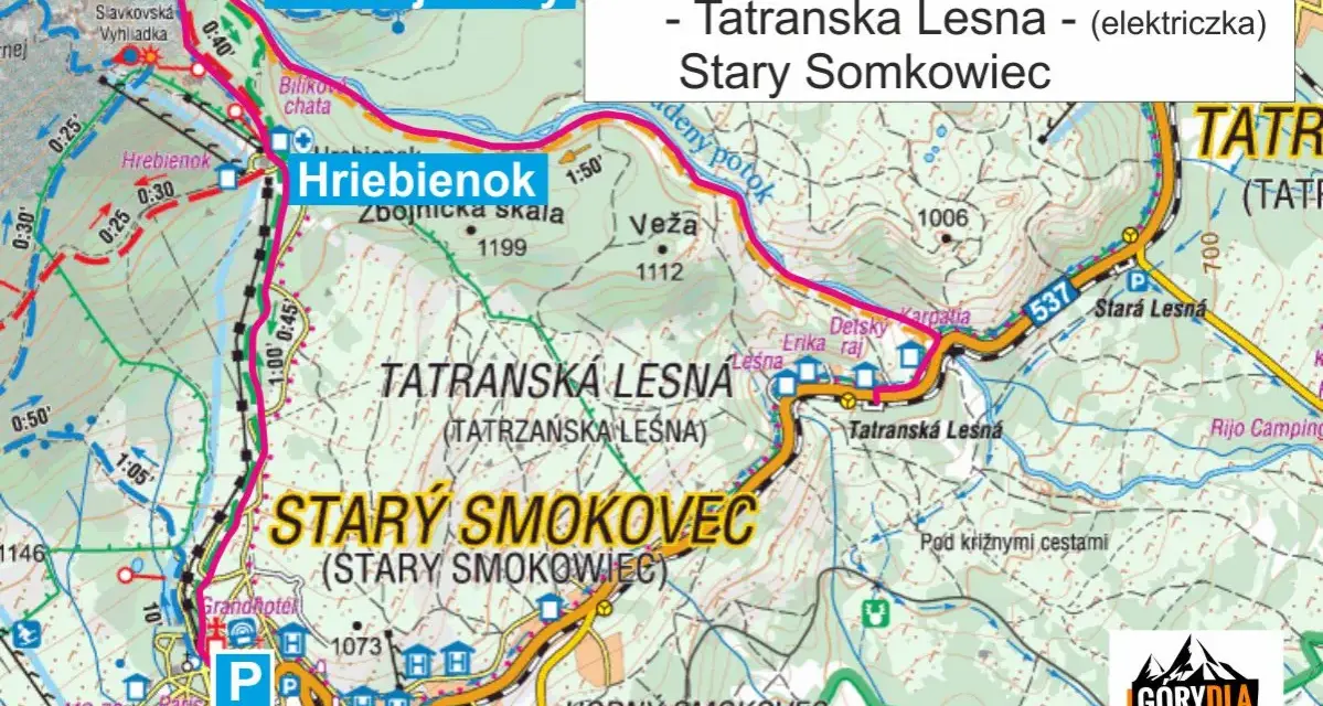 Mapa turystyczna Tatr z zaznaczonymi szlakami, miejscowościami Stary Smokowiec, Hrebienok i Wodospady Zimnej Wody.