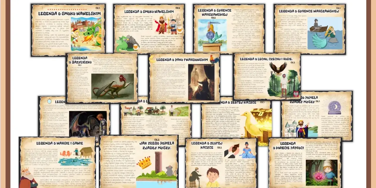 Zbiór kart PDF z polskimi legendami: smok wawelski, syrenka warszawska, bazyliszek, Pan Twardowski, Lech, Czech i Rus, Wars i Sawa, złota kaczka, Popiel i kwiecie paproci.